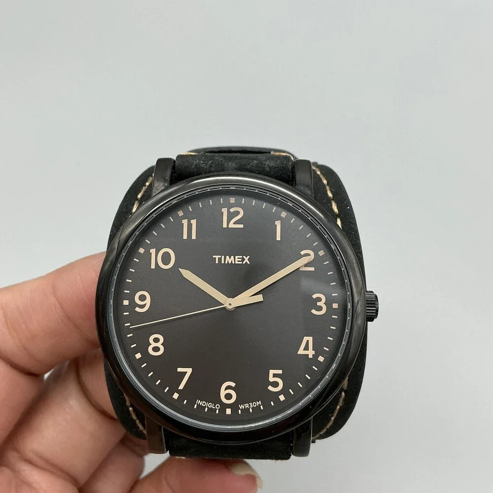 Timex Indiglo WR30M Mens Watch 42mm Black Dial Black Leather Bund New Battery